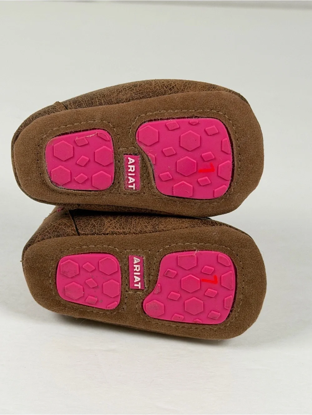 Ariat Infant Western Crib Shoes Brown Pink Moccasin Soft Sole 4” Outsole
